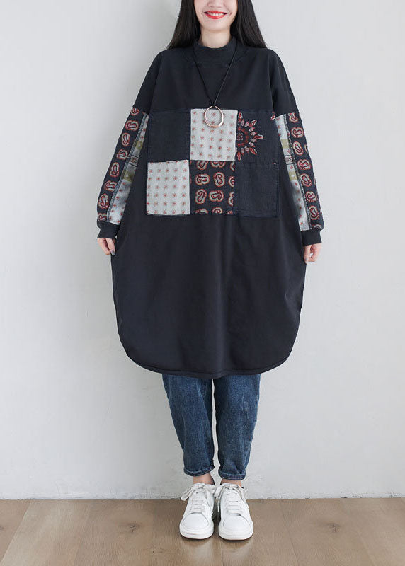 Black Print Cotton Sweatshirts Dress Oversized Side Open Spring