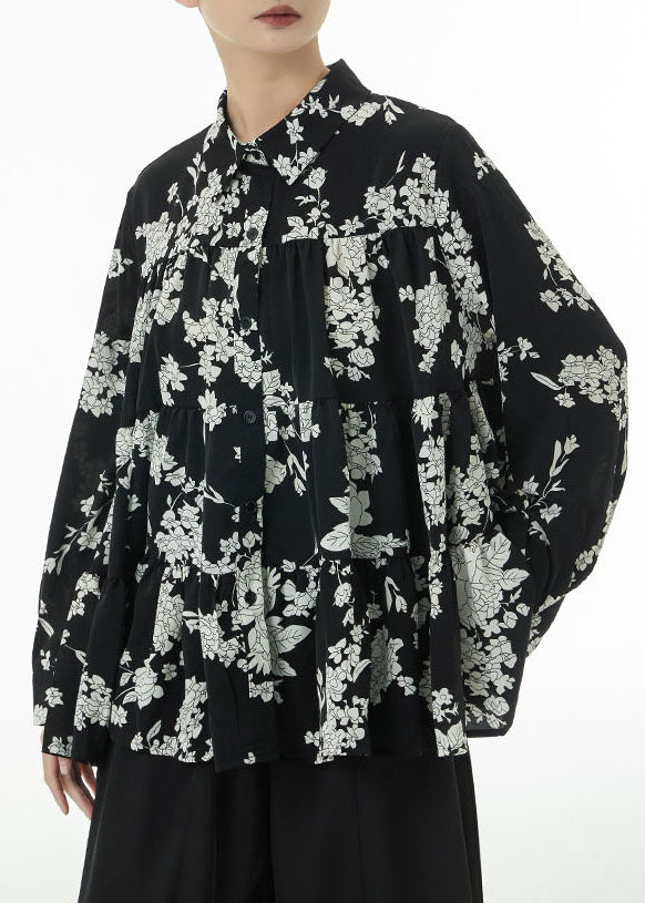 Black Print Patchwork Cotton Blouses Tops Oversized Wrinkled Spring