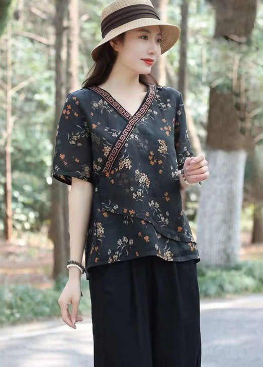 Black Print Patchwork Linen Top V Neck Lace Up Summer