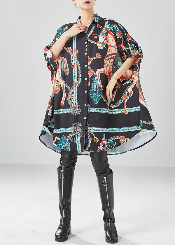 Black Print Silk Vacation Dresses Oversized Draping Batwing Sleeve