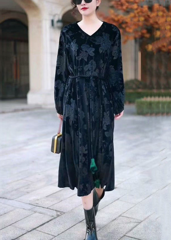 Black Side Open Silk Velvet Long Dress V Neck Winter