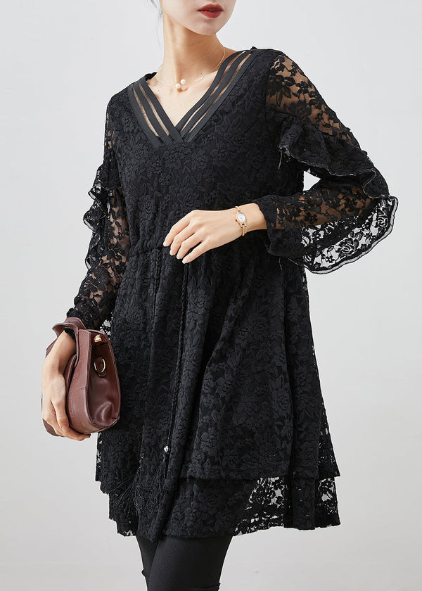 Black Silm Fit Lace A Line Dress Tie Waist Fall