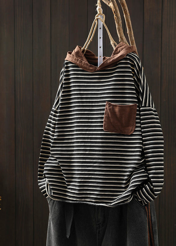 Black Striped Pockets Patchwork Cotton Blouse Tops Hooded Fall