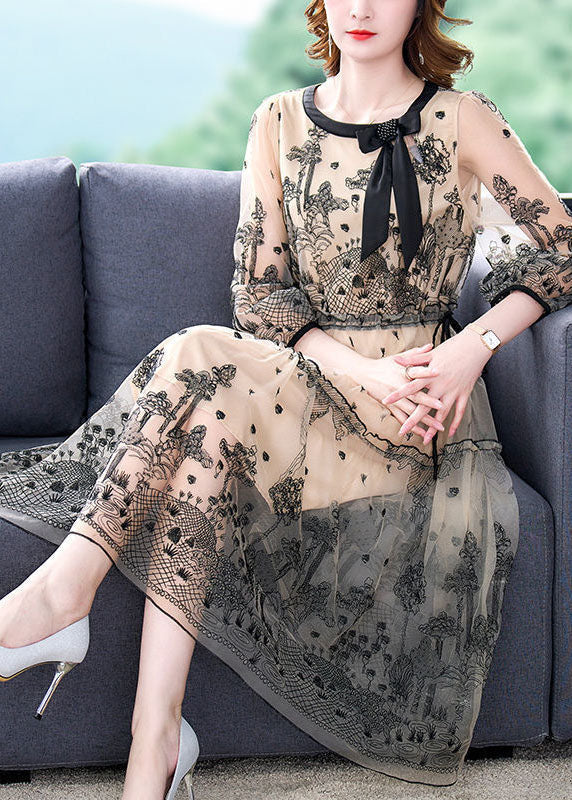 Black Tulle Holiday Dress Embroidered Tie Waist Half Sleeve