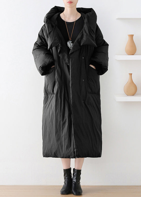 Black Turtleneck Button Duck Down Hooded Long Down Coat Winter