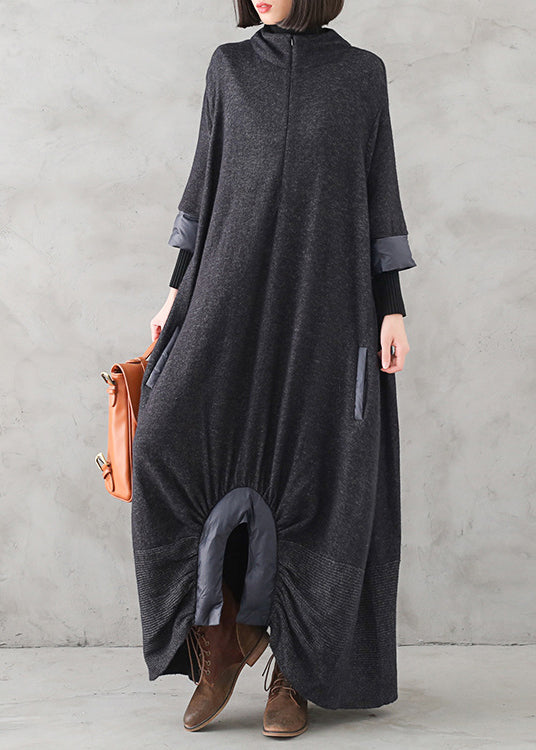 Black Turtleneck Patchwork Cashmere Knit Sweater Dress Winter