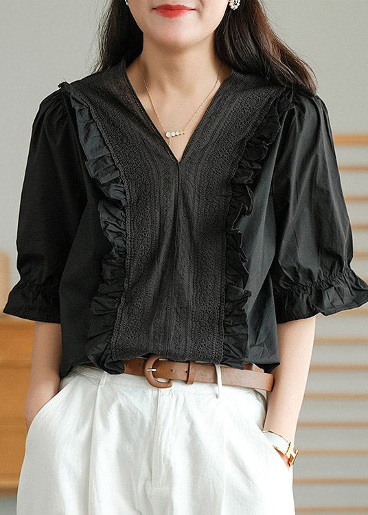 Black V Neck Button Linen T Shirt Half Sleeve