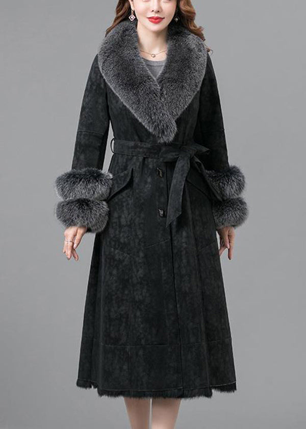 Black Warm Faux Rabbit Leather And Fur Coats Fox Collar Tie Waist Winter