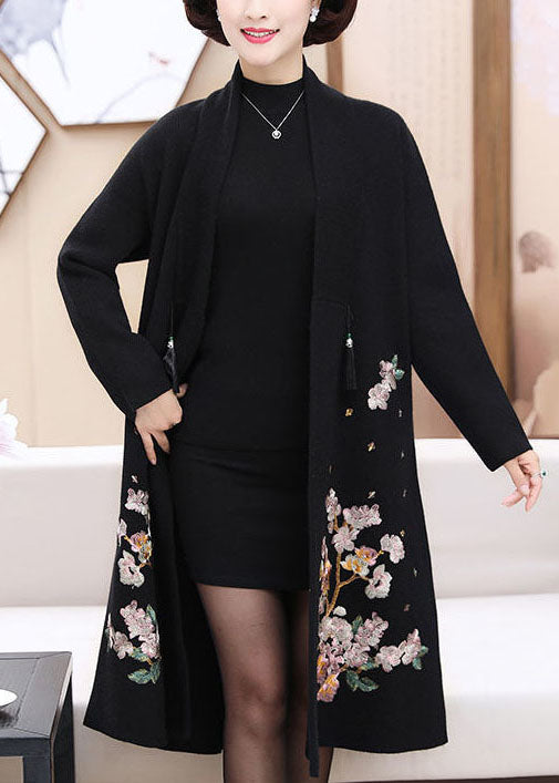 Black Woolen Trench Coats Embroidered Thick Long Sleeve