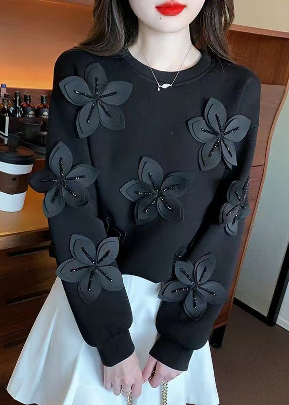 Black Zircon Patchwork Cotton Fall Sweatshirt O Neck