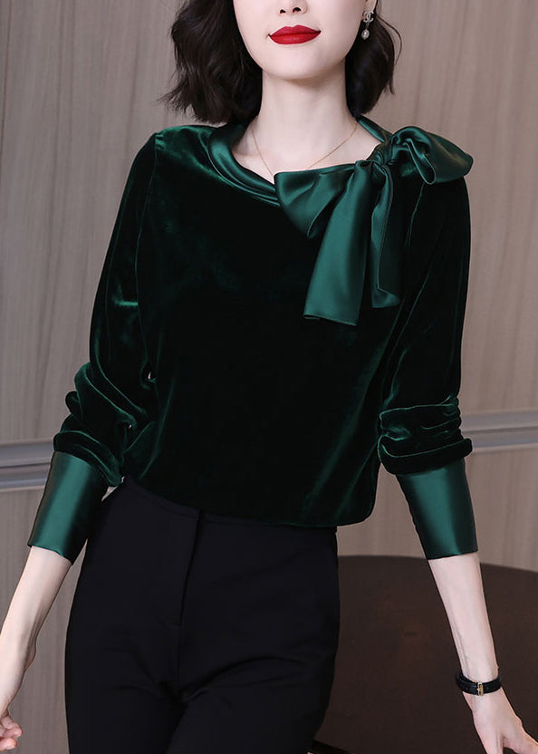 Blackish Green Bow Velour Tops Long Sleeve