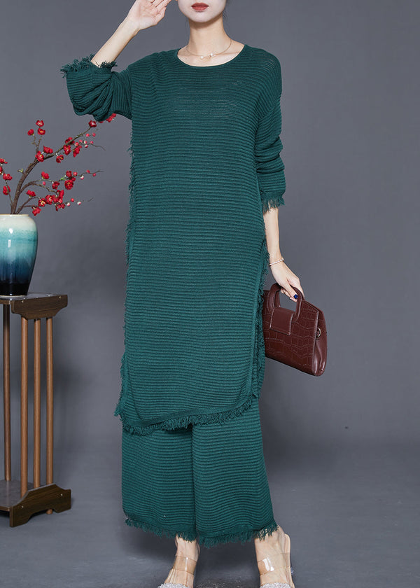 Blackish Green Knit Two Piece Set Women Clothing Tasseled Side Open Fall