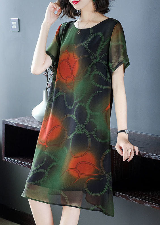 Blackish Green Print Chiffon Long Dress Oversized Summer