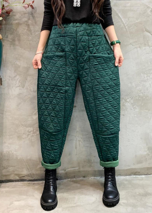 Blackish Green Solid Cotton Filled Crop Pants High Waist