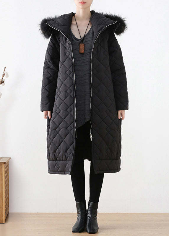 Blck Plaid Thick Hooded Long Parka Winter