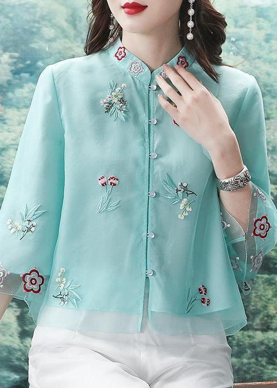 Blue Button Patchwork Shirt Top Embroidered Half Sleeve