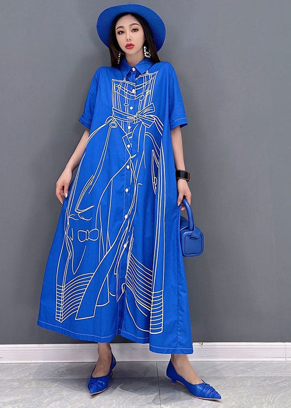 Blue Character Print Cotton Linen A Line Dress Oversized Short Sleeve