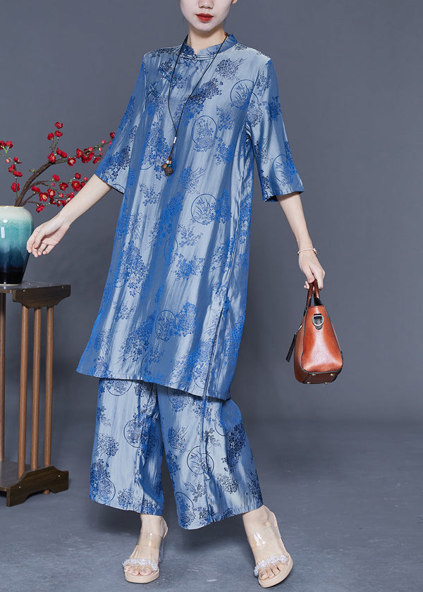 Blue Chinese Style Silk Two Pieces Set Chinese Button Half Sleeve