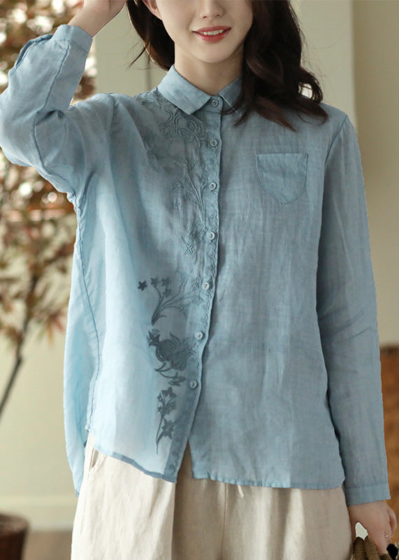 Blue Embroidered Button Ramie Shirt Long Sleeve