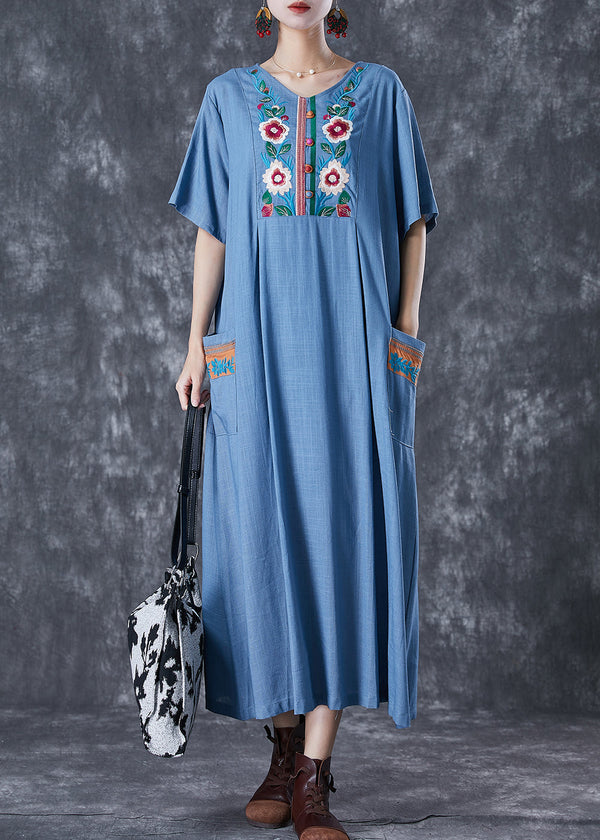 Blue Grey Linen Dress Embroidered Pockets Summer