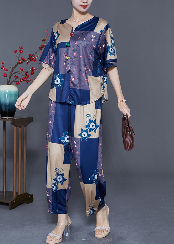 Blue Patchwork Cotton Two-Piece Set Oversized Print Summer