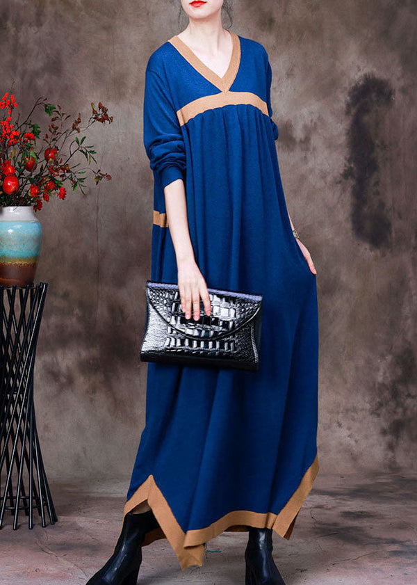 Blue Patchwork Knit Vacation Dresses Asymmetrical Long Sleeve