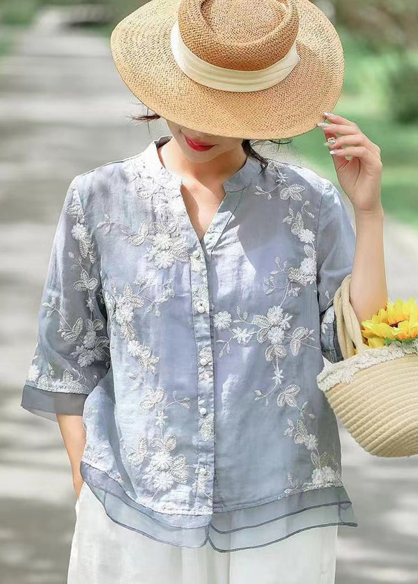 Blue Patchwork Linen Blouse Tops Embroidered V Neck Summer