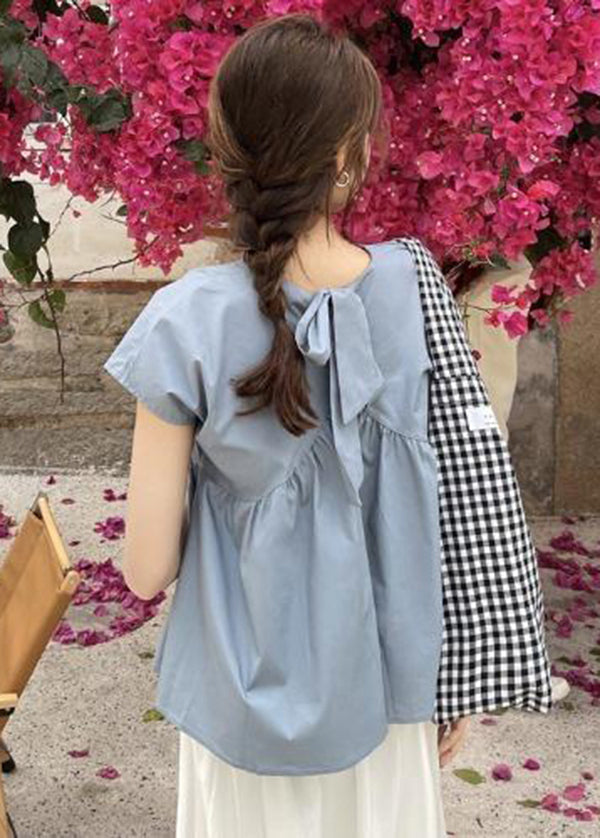 Blue Patchwork Wrinkled Cotton Shirt Tops O-Neck Bow Short Sleeve