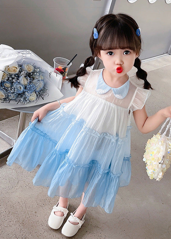 Blue Peter Pan Collar Kids Tulle Long Dresses Summer