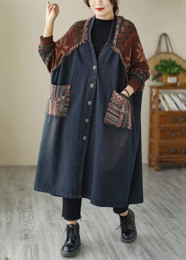 Blue Pockets Patchwork Denim Long Coats V Neck Fall