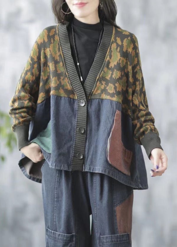 Blue Pockets Print Knit Patchwork Knit Denim Coat V Neck Fall