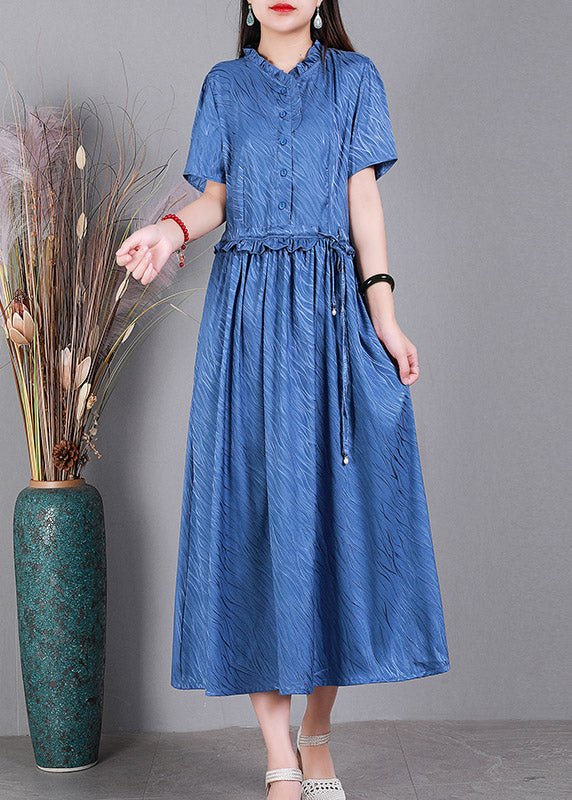 Blue Ruffled Tie Waist Silk Long Dress Short Sleeve