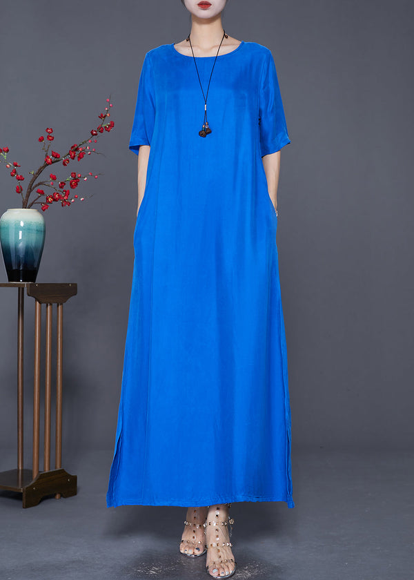 Blue Silk Holiday Dress Oversized Side Open Summer