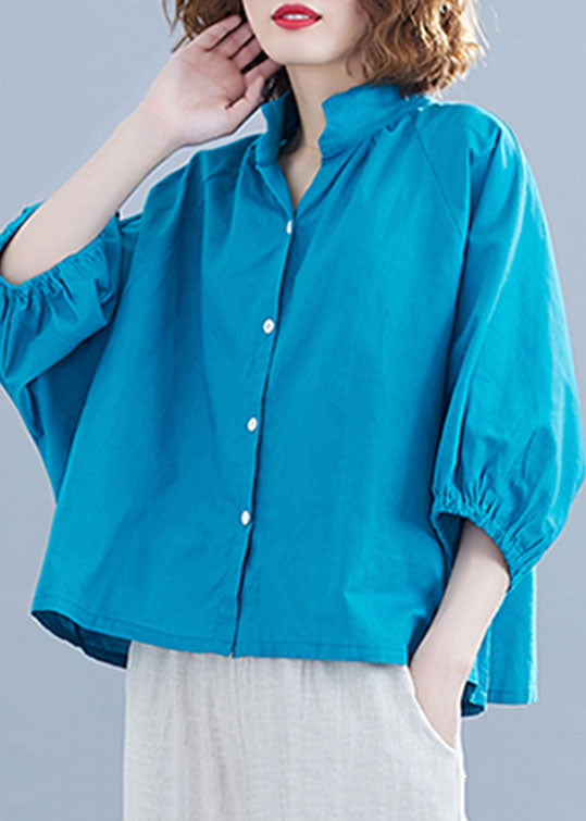 Blue Solid Color Cotton Loose Blouses Stand Collar Lantern Sleeve