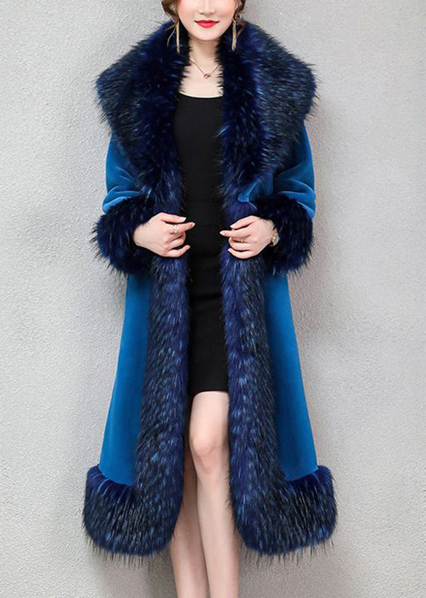 Blue Warm Faux Fur Long Coats Fur Collar Silm Fit Winter