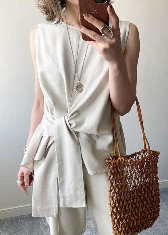 Bohemian Beige Asymmetrical Design Slim Fit Cotton Tops Sleeveless