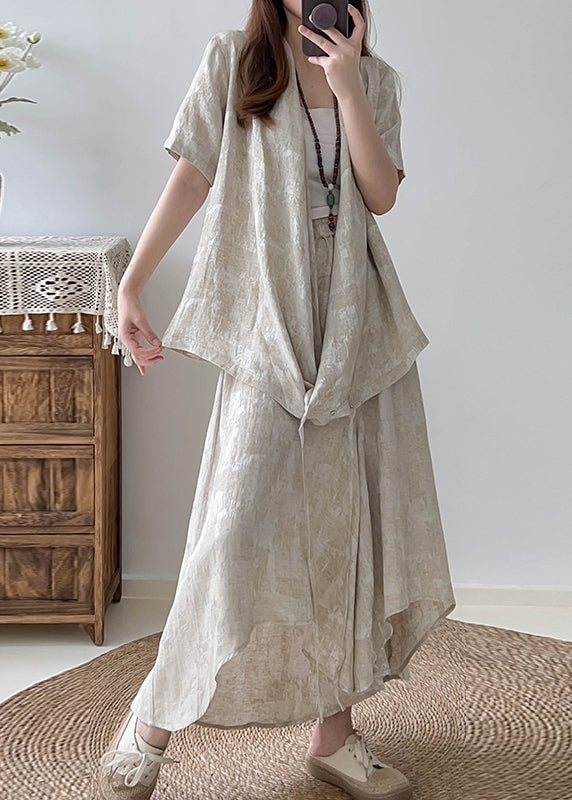 Bohemian Beige Asymmetrical Jacquard Cotton Two Pieces Set Fall