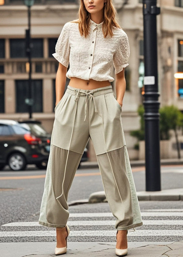 Bohemian Beige Tie Waist Patchwork Chiffon Pants Fall