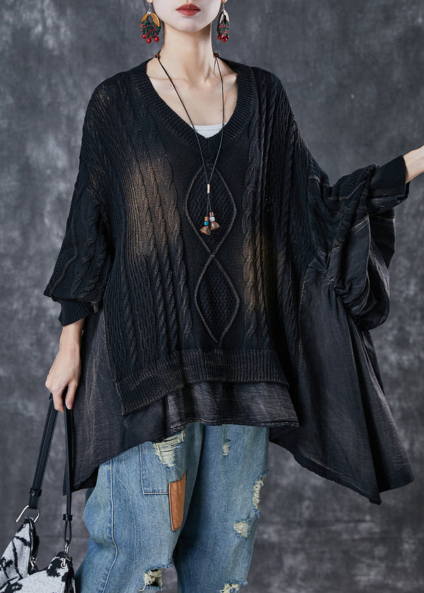 Bohemian Black Asymmetrical Oversized Patchwork Knit Tops Spring