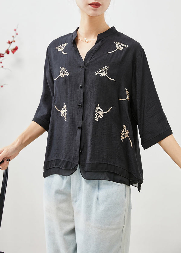 Bohemian Black Embroidered Patchwork Linen Shirt Top Half Sleeve