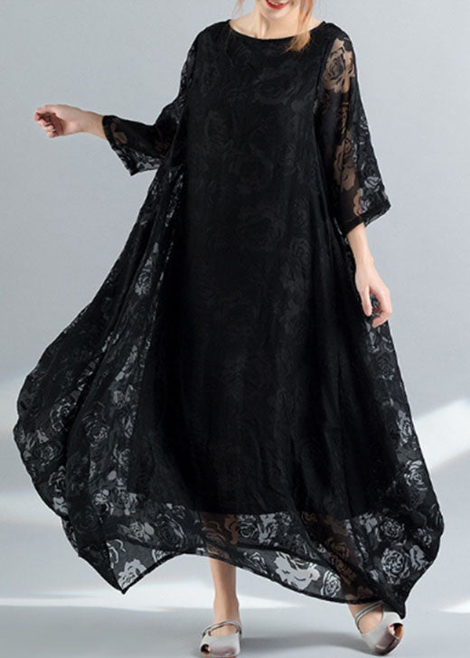 Bohemian Black O-Neck Embroidered Lace Long Dress Bracelet Sleeve