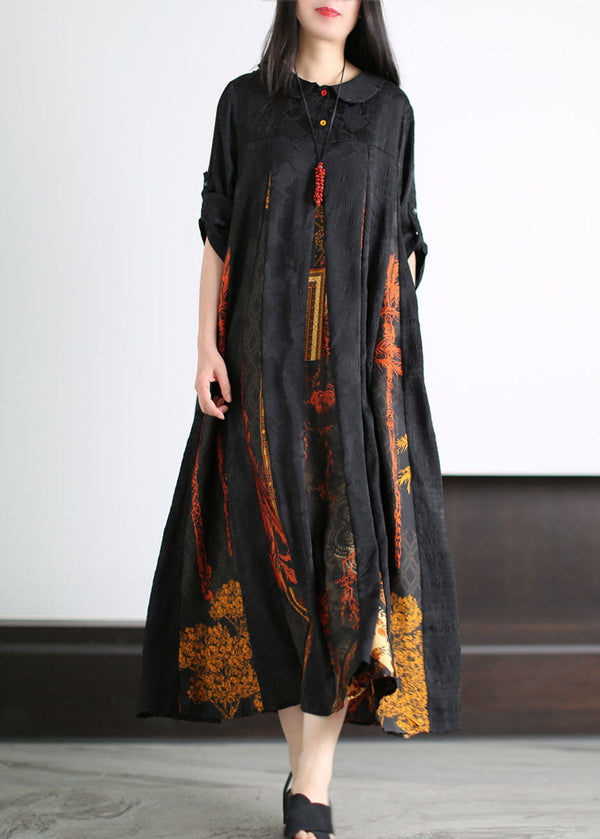 Bohemian Black Peter Pan Collar Print Patchwork Silk Long Dress Summer