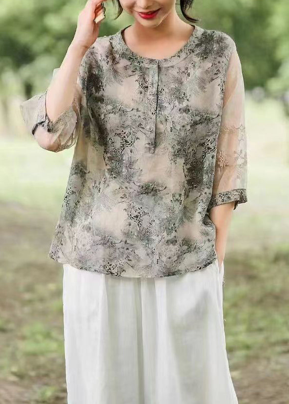 Bohemian Black Print Tulle Patchwork Shirts Half Sleeve