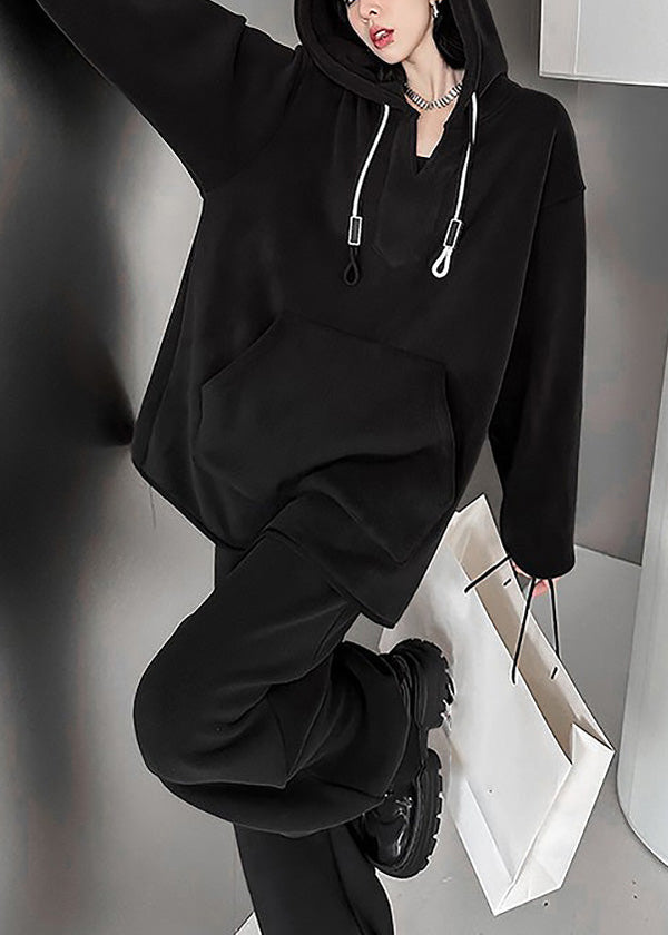 Bohemian Black Warm Fleece Hooded Sweatshirt And Lantern Pants Two Pieces Set Winter