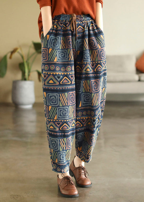 Bohemian Blue Elastic Waist Pockets Print Cotton Denim Harem Pants Fall