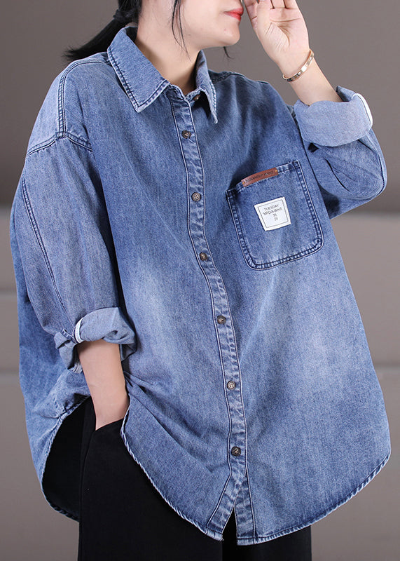 Bohemian Blue Peter Pan Collar Patchwork Button Denim Shirt Fall