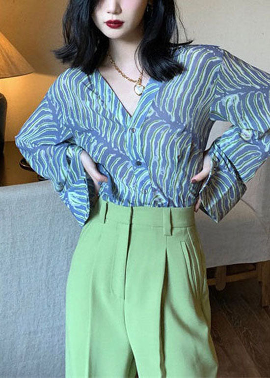 Bohemian Blue V Neck Striped Print Chiffon Shirt Top Spring