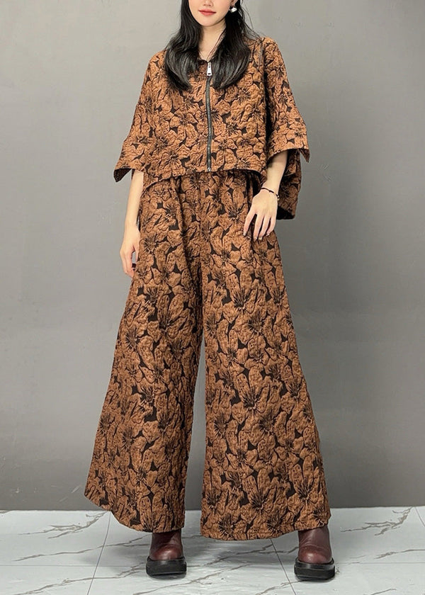 Bohemian Chocolate Print Zippered Top And Wide Leg Pants Two Piece Set Fall