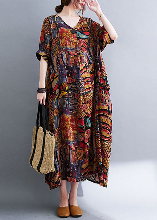 Bohemian Colorblock V Neck Print Cotton Maxi Dresses Short Sleeve