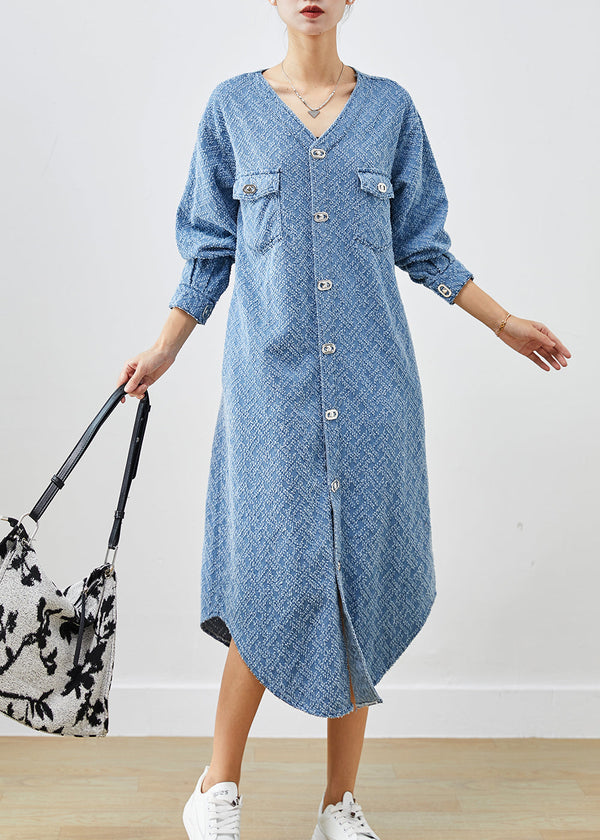 Bohemian Denim Blue V Neck Cotton Long Dress Fall